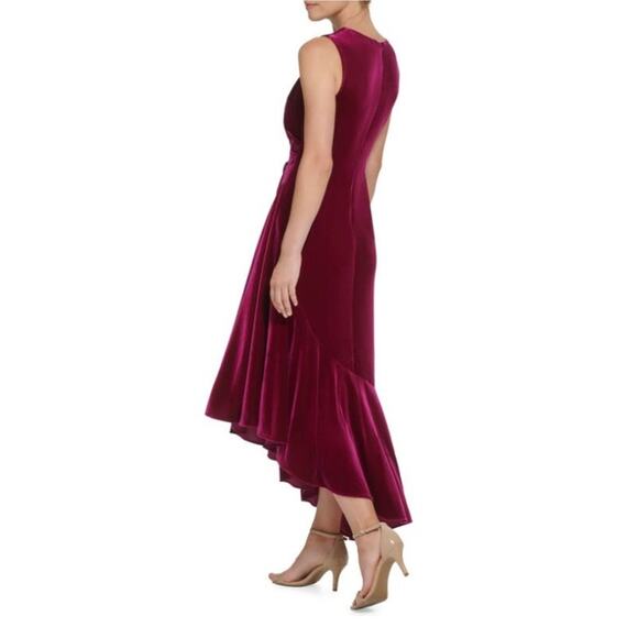 EUC  ELIZA J Velvet velour Ruched Asymmetric Midi Dress Fuchsia – Size 6 - Picture 2 of 15